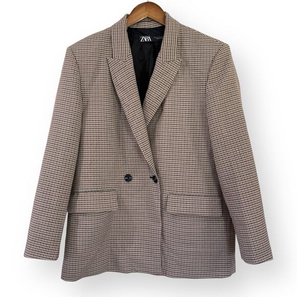 Zara Jackets & Blazers - ZARA Houndstooth Double Breasted Blazer Jacket Brown Beige M Dark Academia